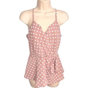 Monteau Los Angeles Blush Pink Polka Dot Deep V Scalloped Camisole Dressy Top M